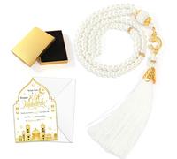 HOWAF Eid Gifts Set with Happy Eid Card & Prayer Beads, Mosque Shape Card with Envelope & Ramadan Mubarak Pearl Tasbih Beads Muslim with Box, Ramadan Gifts for Islamic Muslim Present