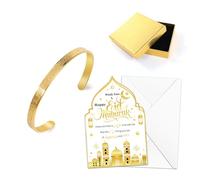 HOWAF Eid Gifts Set with Mosque Shape Card & Allah Gold Bangles Bracelets - Eid Mubarak Greeting Card with Envelope and Ayatul Kursi Arabic Cuff Bracelet with Box, Eid al-Fitr Present for Women