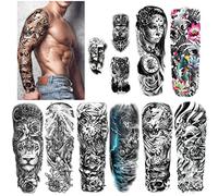 HOWAF Extra Large Waterproof Temporary Tattoos 8 Sheets Full Arm Fake Tattoos and 3 Sheets Half Arm Tattoo Stickers for Men and Women Adults, Military Warrior Rose Wolf Lion Tiger