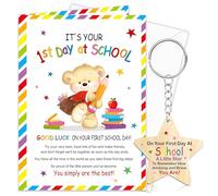 HOWAF First Day at School Card, 1st Day Good Luck Card & Wooden Keyring, First Day at School Gifts for Boys Girls