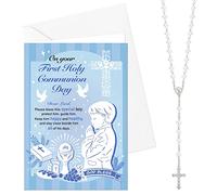 HOWAF First Holy Communion Card for Boys, Congratulations Card & Rosary Beads Catholic Pearl Cross Necklace for First Holy Communion Gifts for Boys, Son, Grandson, Blue