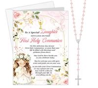 HOWAF First Holy Communion Card for Daughter, Congratulations Card & Rosary Beads Catholic Pearl Cross Necklace for 1st Holy Communion Gifts for Daughter