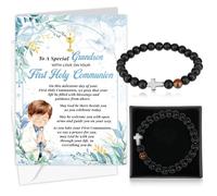 HOWAF First Holy Communion Card for Grandson & Black Natural Stone Cross Bracelet, Gift Box for 1st Holy Communion Gifts for Grandson