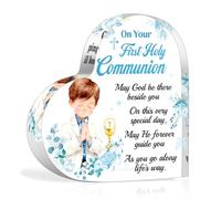 HOWAF First Holy Communion Gifts for Boys, Heart-Shaped Acrylic Plaque Keepsake for Table Decorations, 1st Holy Communion Gifts for Boys, Godson, Son, Grandson