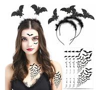 HOWAF Halloween Headband Black Bat Headband Halloween Temporary Tattoos Bat Hairbands Halloween Headbands Halloween Fancy Dress for Women Girls Halloween Bat Costume Vampire Makeup Cosplay Accessories