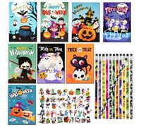 HOWAF Halloween Party Favours - Mini Notebooks, Pencils, Tattoos, Pumpkin, Ghost, Spider Web, Bat, Skeleton Party Bag Fillers for Kids Trick or Treat Gifts
