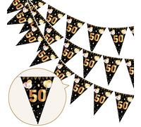 HOWAF Happy 50th Birthday Banner Bunting Flag Triangle Banner Gold and Black Glitter 50th Birthday Anniversary Party Decoration Supplies, 7.4 x 10.8 Inch