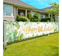 HOWAF Happy 60th Birthday Banner, Sage Green Gold 8.5ft x 1.3ft Party Decoration