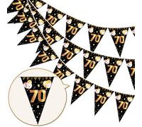 HOWAF Happy 70th Birthday Banner Bunting Flag Triangle Banner Gold and Black Glitter 70th Birthday Anniversary Party Decoration Supplies, 7.4 x 10.8 Inch