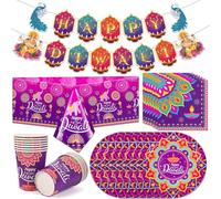 HOWAF Happy Diwali Decorations Dinnerware Set, Happy Diwali Banner diwali Table Cloth, 12 Sets Disposable Paper Plates, Cups, Napkins for Diyas Rangoli Decorations for House Indian Decor