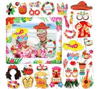 HOWAF Hawaii Decoration, 30 Pieces Photo Booth Props Photo Box Accessories, Inflatable Photo Frame, Party Glasses for Summer Decoration, Hawaiian Tropical Luau Beach Party Decoration Accessories