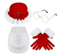 HOWAF Mrs Claus Costume Adult Women, Christmas Santa Hat Xmas Hat, Red Gloves Santas Gloves, Christmas Apron Mrs Claus Apron, Santas Glasses for Outfit Santa Suit Xmas Costume Women 4pcs