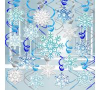 HOWAF Snowflake Decoration Hanging Swirls, 30pcs Snowflake Silver Blue Foil Ceiling Christmas Ceiling Decorations Indoor for Xmas Frozen Christmas Decorations New Year Party Supplies