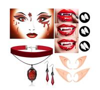 HOWAF Vampire Costume Women Girls, Vampire Teeth Vampire Fangs with Solid Adhesive, Elf Ears, Halloween Face Tattoo Scar Tattoos, Gothic Choker Necklace Bloody Earrings, Halloween Costumes for Women