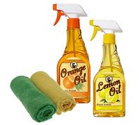 Howard Lemon and Orange Oil Furniture Polish Wood Conditioner, Natural Finish Cleaner with 2 Microfibre Cloths for Cabinet Care, 4 Piece Set