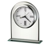 Howard Miller Regent Table Clock 645-579 - Beveled Glass Arch Timepiece, Glass Base Mount, Black Accents, White Dial, Modern Home Decor, Quartz Alarm Movement
