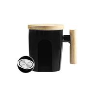 HOWAY Flat Bottom Mug with Wood Lid, Ceramic Tea Cup for Coffee Warmer, Flat Bottomed, Wooden Handle, 14oz