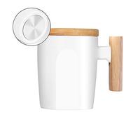 HOWAY Flat Bottom Mug with Wood Lid, Ceramic Tea Cup for Coffee Warmer, Universal, Flat Bottomed, Wooden Handle, 14oz