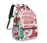 Howdy Cow Skull Print Backpack 16 Inch Retro Pink Western Cowboy Boots Cactus Stars Collage Laptop Bag Travel Daypack (08)