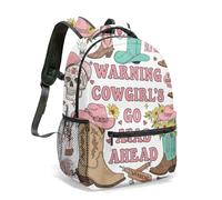 Howdy Cow Skull Print Backpack 16 Inch Retro Pink Western Cowboy Boots Cactus Stars Collage Laptop Bag Travel Daypack (06)
