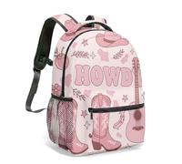 Howdy Cow Skull Print Backpack 16 Inch Retro Pink Western Cowboy Boots Cactus Stars Collage Laptop Bag Travel Daypack (04)