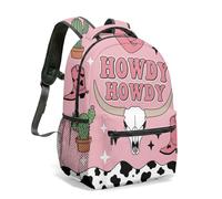 Howdy Cow Skull Print Backpack 16 Inch Retro Pink Western Cowboy Boots Cactus Stars Collage Laptop Bag Travel Daypack (01)
