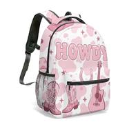 Howdy Cow Skull Print Backpack 16 Inch Retro Pink Western Cowboy Boots Cactus Stars Collage Laptop Bag Travel Daypack (03)