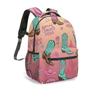 Howdy Cow Skull Print Backpack 16 Inch Retro Pink Western Cowboy Boots Cactus Stars Collage Laptop Bag Travel Daypack (07)