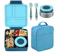 Howeemo Bento Lunch Box Set for Kids with 8oz Soup Thermo, Leak-Proof Lunch Containers with 4 Compartment, Kids Thermo Hot Food Jar and Insulated Lunch Bag for Kids to School-Blue