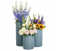 HowHomely Vase Set of 3 Flower Vases Plastic Blue Grooved Decorative Modern Cylindrical Decorative Vase Design Vase for Living Room Bedroom Dining Room