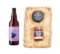 Howies Cider Wicker Tray Hamper | Berry Cider 3.4% ABV 500ml | Snowdonia Black Bomber Cheese 200g | Stokes Chutney | Luxury Food Gift Set