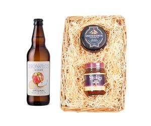 Howies Cider Wicker Tray Hamper | Original Cider 4.5% ABV 500ml | Snowdonia Black Bomber Cheese 200g | Stokes Chutney | Luxury Food Gift Set