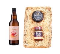 Howies Cider Wicker Tray Hamper | Peach Cider 3.4% ABV 500ml | Snowdonia Black Bomber Cheese 200g | Stokes Chutney | Luxury Food Gift Set