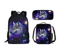 Howilath 3D Wolf Galaxy Black Backpack Set 3 in 1,Durable School Bags Teenage Boys Girls School Bookbag+Pen Case+Lunch Kit