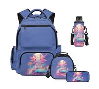 Howilath 4 Piece Moon Axolotl Backpack Set for Girls Middle School Backpacks with Lunch Bag Pencil Case Water Bottle Sleeve School Backpack for Girls 8-10 10-12