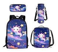 Howilath Axolotl Backpack Set for School Preschool Bookbags 4 Piece School Bag with Lunch Box and Pencil Case Water Bottle Holder Galaxy School Bags for Girls