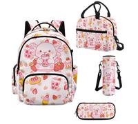 Howilath Axolotl School Backpack for Girls 4 PCS Set, Strawberry Bubble Tea Backpack with Lunch Bag and Water Bottle Sleeve, Cute Kids Backpack Ages 8-10