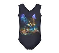 Howilath Bathing Suit with Colorful Cat Funny Gradient Sketch Cats, Swimming Lessons Cool Girls High Cut Swimwear, Black, Age 9-10