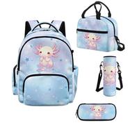 Howilath Blue Axolotl Girls Backpack Set 4 Piece, 17 Inch School Backpack with Insulated Lunch Bag, Elementary & Middle School Bookbag Ages 8-12