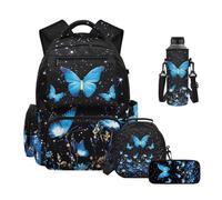 Howilath Blue Butterfly Girls Backpack with Lunch Box Pencil Case Water Bottle Sleeve 4 Piece Flower Elementary School Backpacks for Girls 8-10 10-12