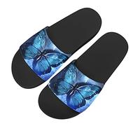 Howilath Blue Butterfly Womens Soft Open Toe Slip on Flat Slide Sandals, Elegant Butterfly Bathroom Shower Shoes Slides UK 4