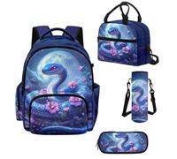Howilath Blue Kids Backpack Set for Girls 17 Inch, 4 Piece School Backpack with Lunch Bag, Moon Flower Snake Elementary Bag with Pencil Case & Water Bottle Sleeve