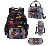Howilath Boys Backpack Set with Lunch Box, 17 Inch Elementary Backpack for School, Fire Truck Bookbag Purse for Kids Ages 6-8