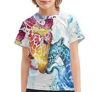 Howilath Boys O-Neck Tee Shirt, Red Blue Contrast Color Fluid Painting Giraffe Butterfly, Short Sleeve T-Shirt for Children Streetwear Age 9-10