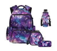 Howilath Butterfly Backpack and Lunch Box Set 4PCS for Kids 6-8 8-10 Elementary School Backpacks with Pencil Case Water Bottle Sleeve Purple Galaxy Bagpack Knapsack