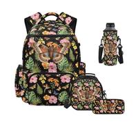 Howilath Butterfly Backpack with Lunch Box 4PCS Set Tropical Floral School Backpack for Girls with Lunchbox Pencil Case Water Bottle Sleeve Kids Backpack Mochilas Para Niña