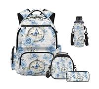 Howilath Butterfly School Backpack for Girls 4-in-1 Set Blue Rose Large Backpack for School with Lunch Box Pencil Case Water Bottle Sleeve School Supplies