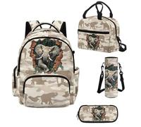 Howilath Camo Elephant Backpack and Lunch Box Set for Boys, 4 Piece School Backpack Set for Kids, Cute Bookbag for Elementary School