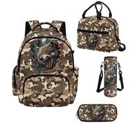 Howilath Camo Wolf Boys Backpack Set 4 Piece, Cute School Backpack with Insulated Lunch Bag, Elementary School Backpack for Boys Ages 6-10