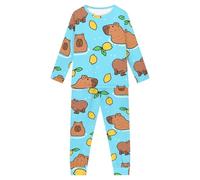 Howilath Capybara Pajamas Suit Lemon Outfits Cute Animals Fruits Sleepwear Blue Long Sleeves Comfy Lounge Wear for Boys Girls-7-8